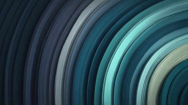 Abstract presentation features numerous parallel curved bands showing various shades of blue and teal