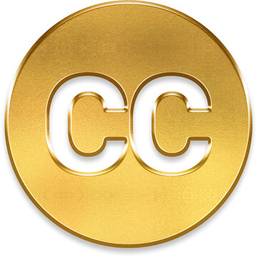Premium 3D golden CC circle badge for subtitles and creative commons