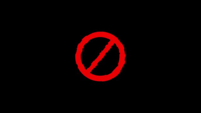 Stop or no entry forbidden red circle with danger effect on black background and alpha channel. Red restricted area stop symbol motion graphic element.