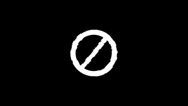 Stop or no entry forbidden white circle with danger effect on black background and alpha channel. White restricted area stop symbol motion graphic element.