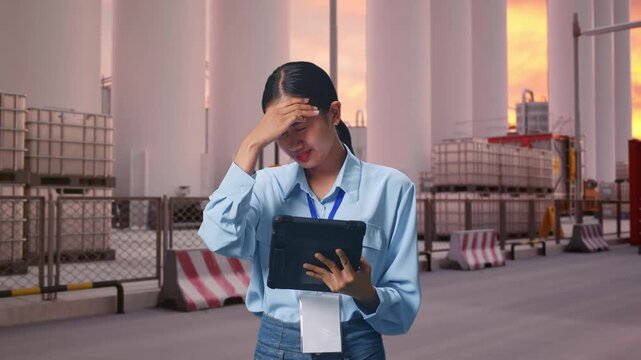 Asian Female With Her Tablet at Storage Facility with IBC Totes, Large Silos at Sunset, She Is Nodding Her Shead With Dissapionted