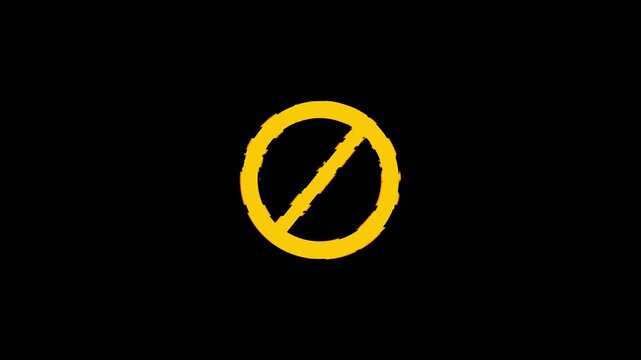 Stop or no entry forbidden yellow circle with danger effect on black background and alpha channel. yellow restricted area stop symbol motion graphic element.