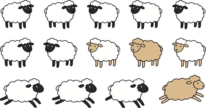 Cute Hand Drawn Sheep Icon Set Featuring Fluffy White and Brown Lambs in Standing and Jumping Poses for Farm Nursery and Counting Sleep Designs