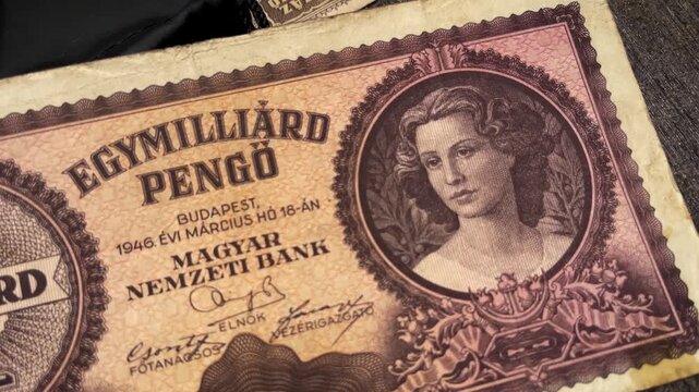 Close up video of a collectible Hungarian Egymilliard Pengo banknote, highlighting the female portrait, ornate printed design, denomination text, and aged paper texture.