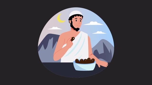Hajj pilgrim eating dates vector concepts  Animation Alpha Channel