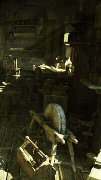 The room contains a grinding stone and wooden tools scattered around. Sunlight enters through a window, highlighting dust and old furniture in a busy workspace.