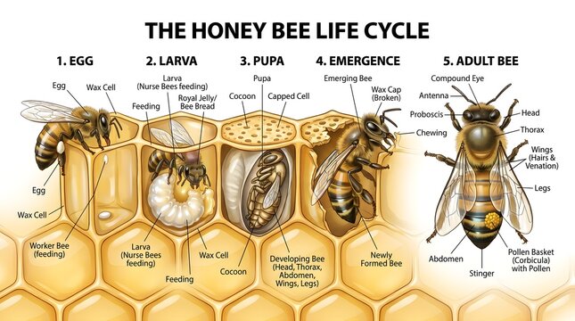 Life Cycle of the Honey Bee Diagram Showing Egg, Larval, Pupal and Emergence Stages Inside Connected Wax Comb Cells with Detailed Labels of the External Anatomy of the Fully Formed Adult Worker Bee fo