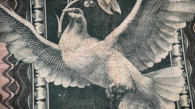 Close up macro video showing the dove motif on a vintage Hungarian Tizmillio Pengo banknote. The footage highlights the bird with spread wings, ornamental engraving, and fine linework.