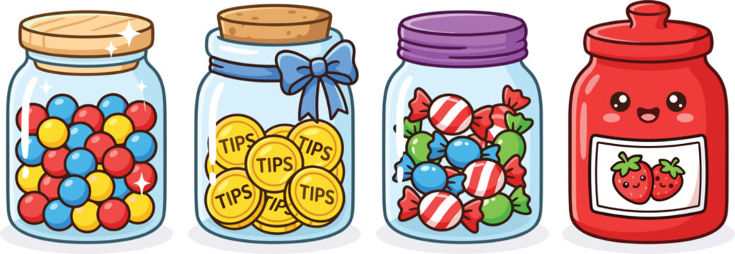 Cute Kawaii Glass Jar Set Featuring Colorful Gumballs Gold Tip Coins Striped Candy and Strawberry Jam for Playful Food and Finance Designs