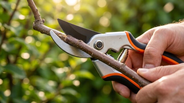 Close up of hands pruning branches with garden shears.