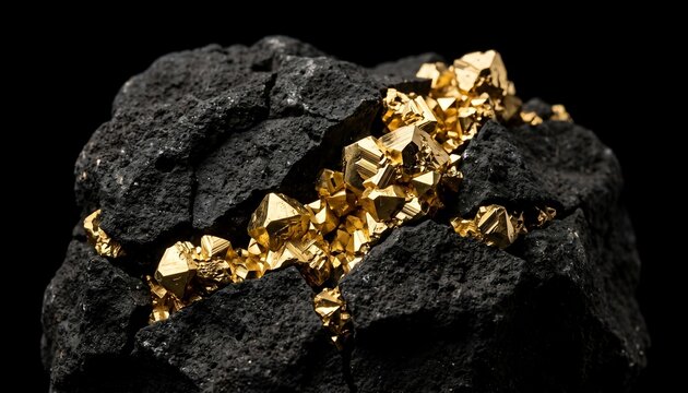 Sharp gold crystals emerging from cracks in matte black rock misso mining v54