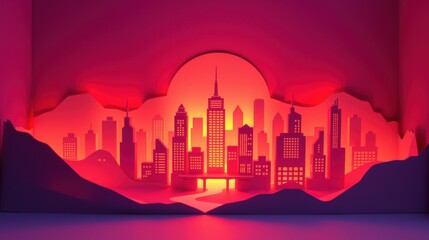 Fototapeta premium Papercraft cityscape glows warmly. Red hues dominate design, creating dramatic, stylized urban scene. Mountains frame skyline.