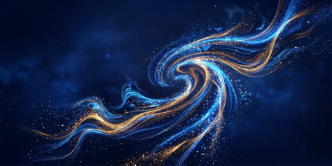 Obraz premium Abstract blue and gold energy wave background with glowing fluid lines and futuristic cosmic effect