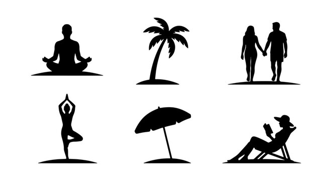 Summer Vacation Icons Set, Beach Lifestyle Vector Graphics, Relaxation and Travel Silhouettes, 6 Elements