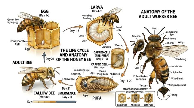 Comprehensive life cycle and anatomy chart of the honey bee showing egg, larva, pupa, callow bee emergence and mature adult worker, with enlarged anatomical view labeling wings, legs, eyes, antennae a