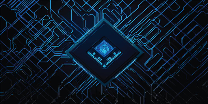 An abstract digital background featuring a blue wire mesh fence integrated into a circuit board design with microchip patterns and electronic engineering elements representing a high-tech motherboard