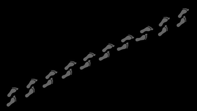 Human footprints trail pattern showing walking path, representing journey, travel, tracking, steps, and navigation concept. 2D motion graphics in 4K resolution with alpha channel.
