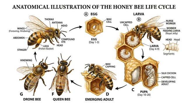 Anatomical illustration of the honey bee life cycle featuring egg, larva, pupa, emerging adult and fully formed worker, queen and drone bees, with detailed labels of external structures to compare cas