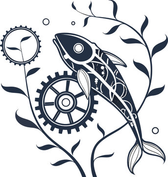 Mechanical fish icon with gears and organic vines, steampunk vector design.