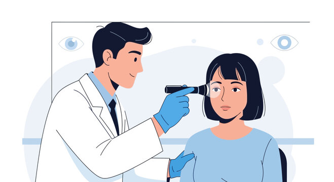 Ophthalmologist examining patient's eye with ophthalmoscope in clinic, vision checkup