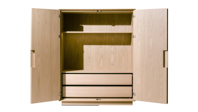 Isolated natural wood open wardrobe with interior shelving and convenient storage drawers