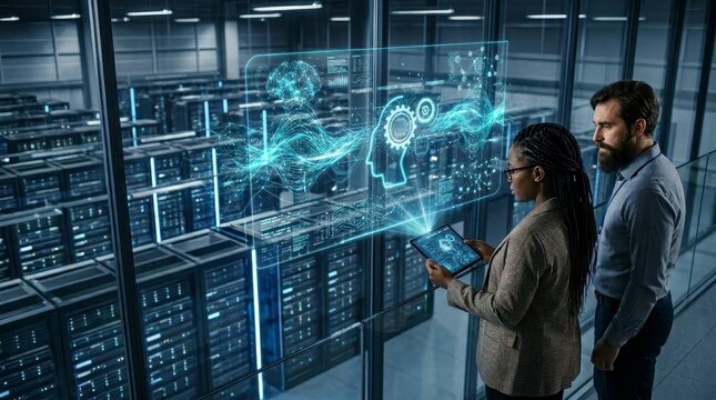 Professionals analyzing AI data in server room