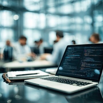 Modern Office Environment with Laptop Programming Code in Focus