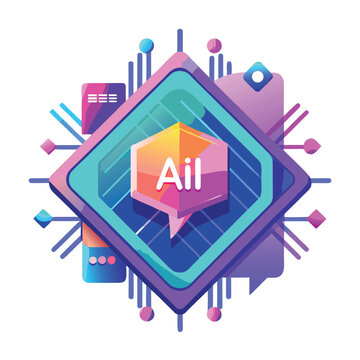Microchip processor logo with speech bubble and hexagon ail text sign for artificial intelligence communication and smart technology applications.