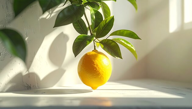 A single ripe yellow lemon hanging from a branch with green leaves, illuminated by soft sunlight casting shadows on a textured surface