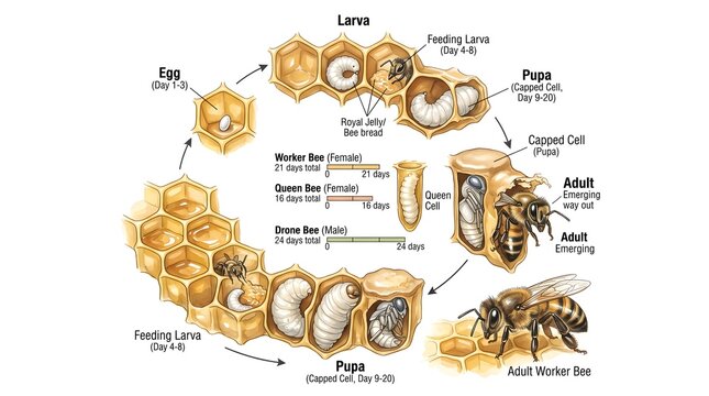 Circular honeybee life cycle chart tracing progression from egg and feeding larva through pupa in capped cell to emerging and adult worker bee, with inset diagrams of queen, worker and drone developme
