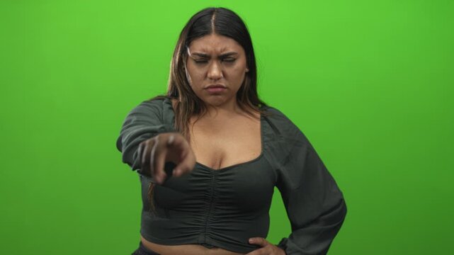 Woman with hand on hip, points two fingers and points at camera, touches nose and taps temple in studio; defiance.