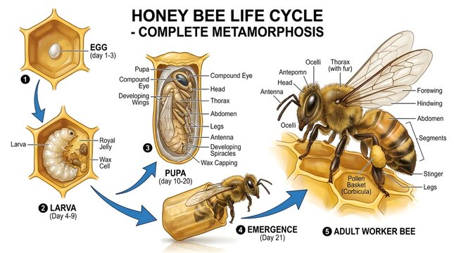 Honey bee life cycle complete metamorphosis diagram depicting egg, royal‑jelly‑fed larva, capped pupa and emerging worker bee on comb, with labeled external anatomy of the adult for use in science pro