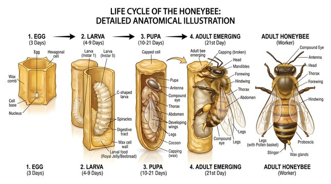 Detailed anatomical life cycle of the honeybee showing egg, larval, pupal and emerging adult stages inside wax comb cells, with labeled body parts of the fully formed worker bee for scientific, educat