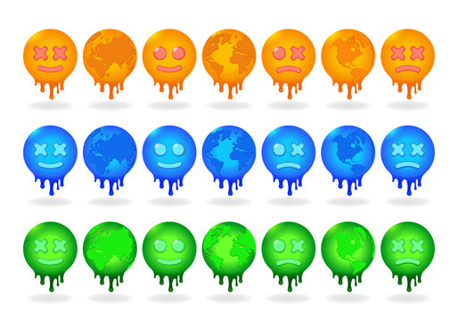 Vector set of round colored icons. Happy and sad emotions. Different hemispheres, flowing planet Earth. Drops and drips. Orange, blue and green. Collection. Dripping. Isolated background