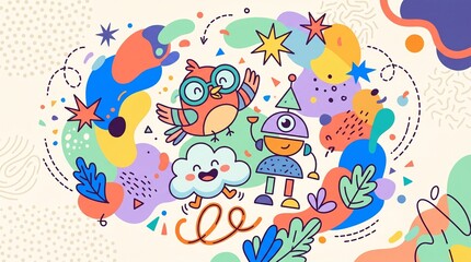 Fototapeta premium Whimsical illustration of a creative brain, bursting with playful characters, abstract shapes, and vibrant ideas, symbolizing imagination and innovative thought processes