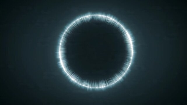 Circle of brilliant white light radiates outward with shimmering energy waves against a dark textured surface to signify a powerful focal point or technological innovation.