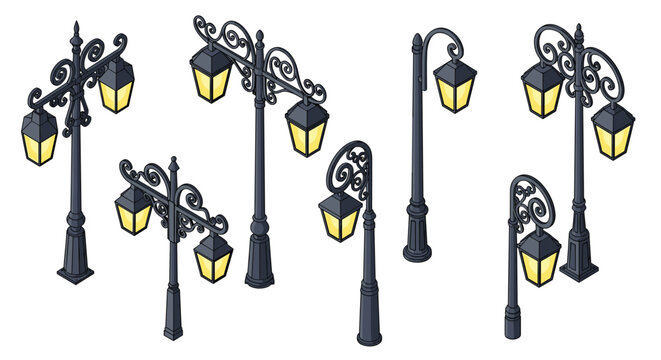 A selection of ornate vintage-style street lamp posts with curly bracket details and illuminated lantern heads is presented in an isometric format against a light background.