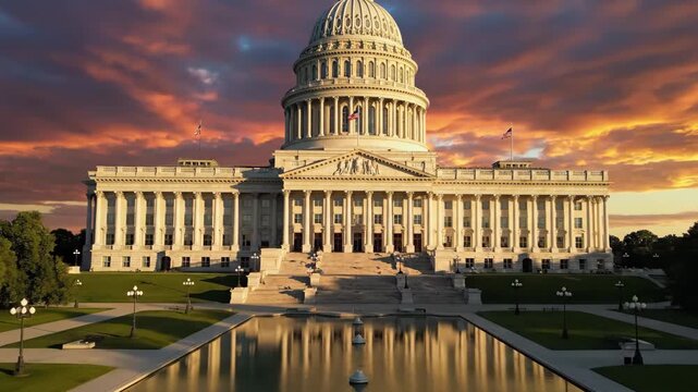 The iconic domed government building in Washington D.C. is shown at dusk with a vibrant orange and purple sky. The scene features the reflection of the architecture in the pool and surrounding greener