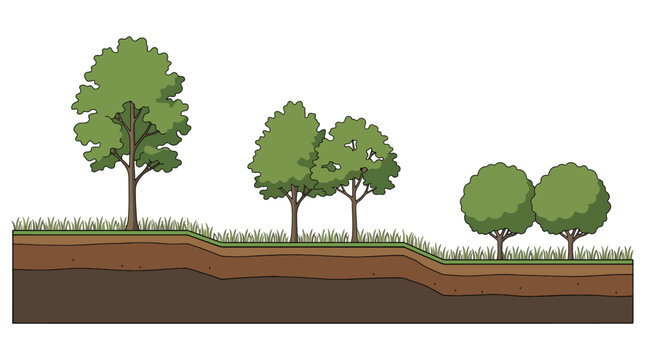 Soil Cross-Section Illustration With Turf and Trees Showing Topsoil Layers and Root Zones