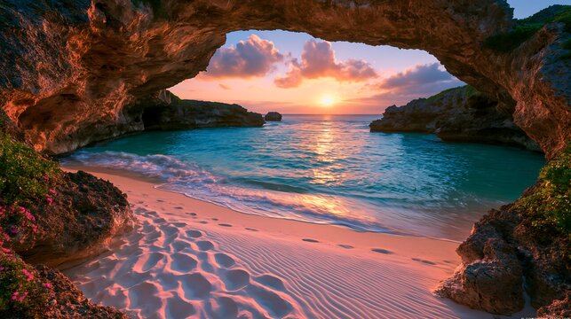 Sunset view from a sea cave over an inaccessible white sand bay