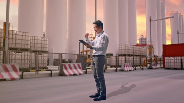 Full Body Side View Of An Asian Male Professional Worker Standing With His Tablet at Storage Facility with IBC Totes, Large Silos at Sunset, He Raises His Fist Up With Screaming Goal