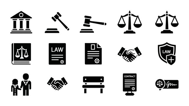 Law and justice icon set solid silhouette style, legal court symbols, white background