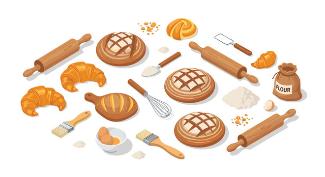 A diverse collection of rustic breads and golden croissants are displayed with raw baking ingredients and wooden tools on a soft cream surface in a detailed vector illustration.