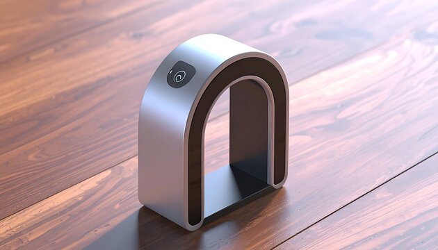Abstract metallic U-shaped object with glowing circular indicators on a warm wooden surface, futuristic minimalist design