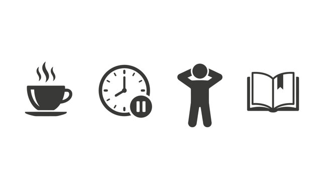 Relaxation icons a coffee cup, a pause clock, a person resting and an open book