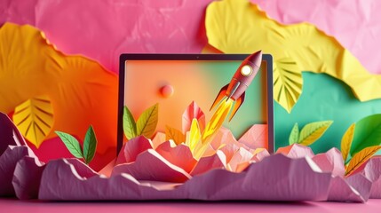 Fototapeta premium Colorful papercraft scene depicts rocket launching from tablet screen. Mountains, sun, foliage create whimsical digital landscape.