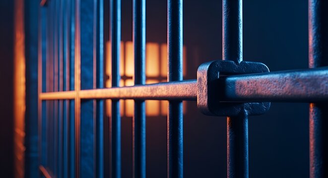 Close-up of prison bars with warm light in the background, symbolizing confinement and justice.