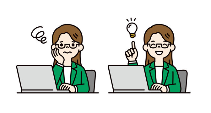 パソコンの前に座ってトラブルに対処する・解決する、若い女性の上半身ベクターイラスト素材セット