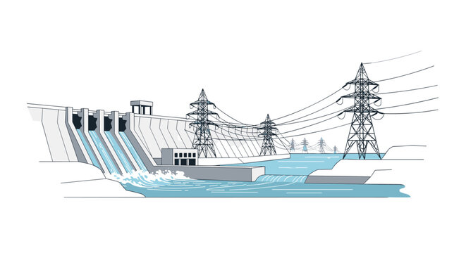A large industrial dam features massive metal transmission towers and electrical lines extending across the water in a sleek flat graphic design on a white background.