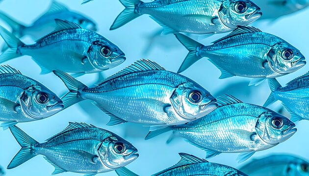 A school of small silver fish swims in clear blue water, detailed scales, school movement, underwater ecosystem concept